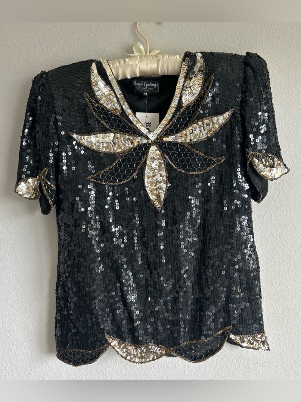 NWT Vintage Black Sequin Short Sleeve Top with Gold & Silver Leaf Motif